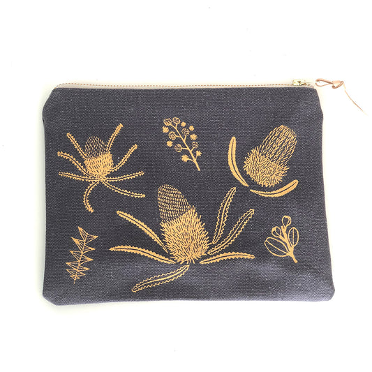 Handmade Banksia Pouch - Charcoal and Gold