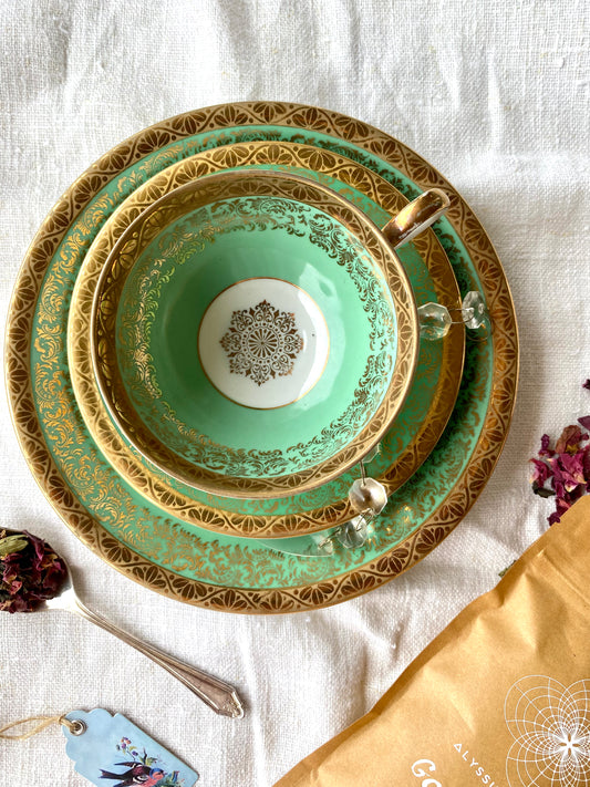 Stunning Vintage Green and Gold Bavarian Tea Trio - Rare and Delightful