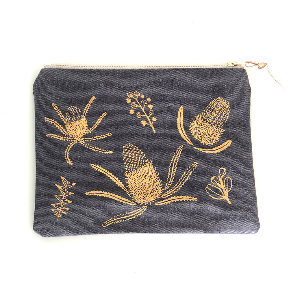 Handmade Banksia Pouch - Charcoal and Gold